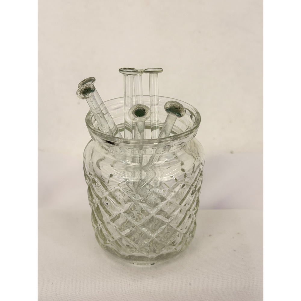 Vintage Clear Glass Cocktail Swizzle Stick Set with Diamond Pattern Jar 9 Piece